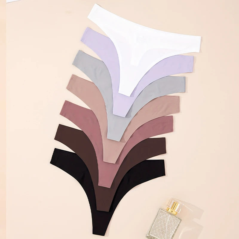7PCS/Set Ice Silk Seamless Women G-String Panties Sexy Low-Waist Thongs T-Back Female Solid Color Soft Underwear Utral-Thin Pant