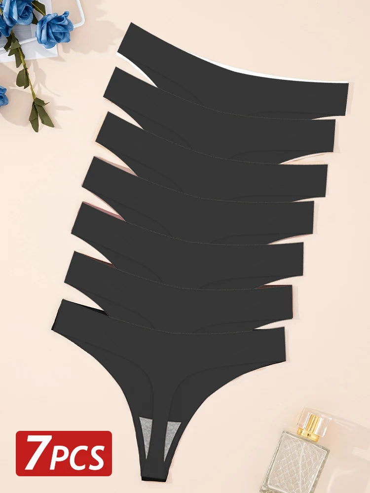 7PCS/Set Ice Silk Seamless Women G-String Panties Sexy Low-Waist Thongs T-Back Female Solid Color Soft Underwear Utral-Thin Pant